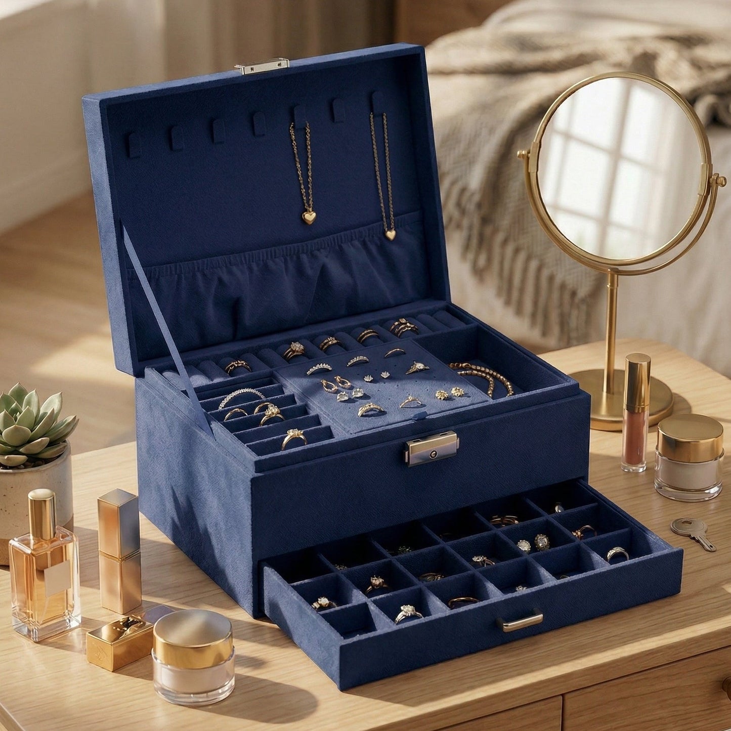 Navy blue jewelry box with jewelry on a wooden table, with 'Elegant Vanity' text above.