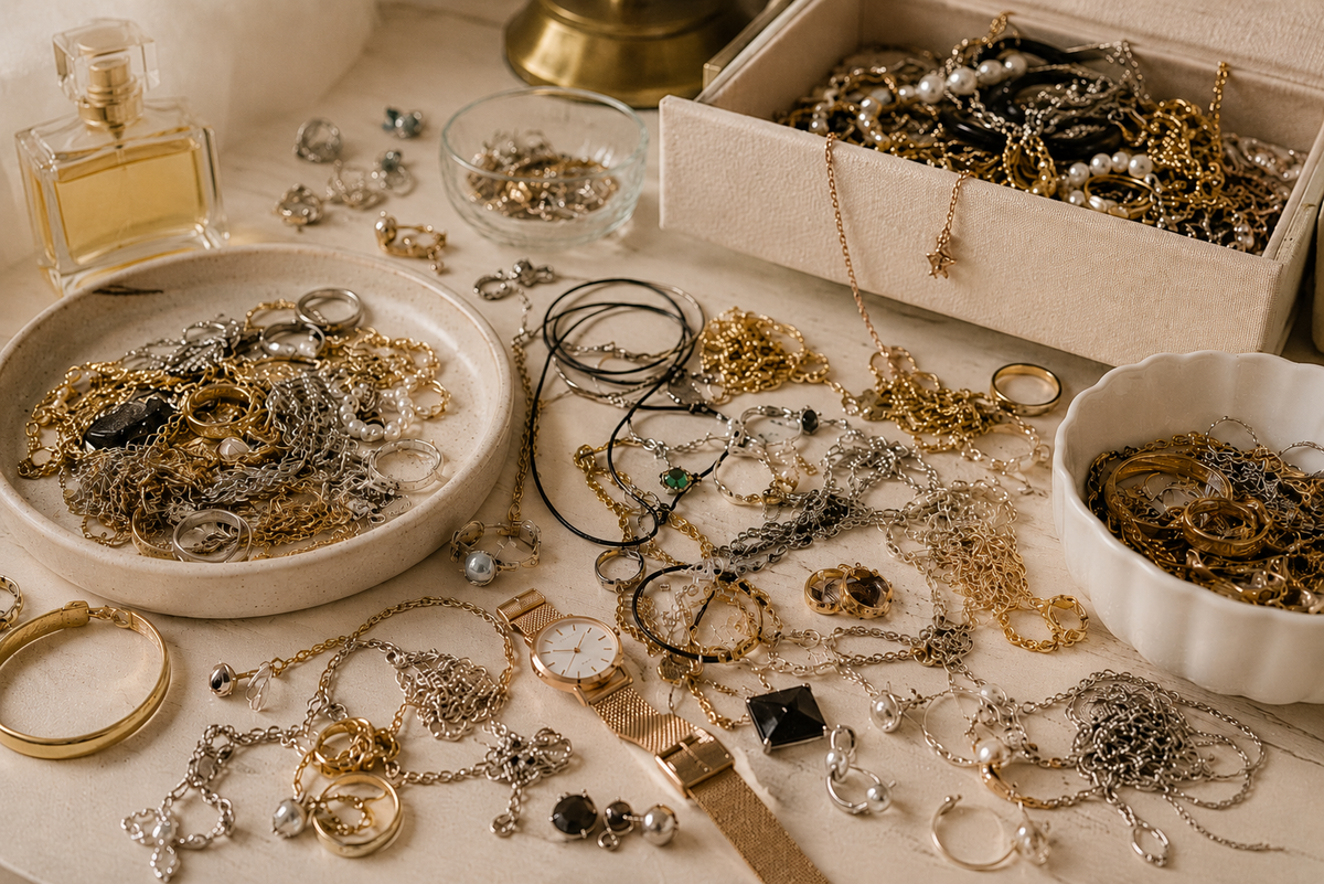 Messy jewelry scattered in a drawer before using The Muse Vault