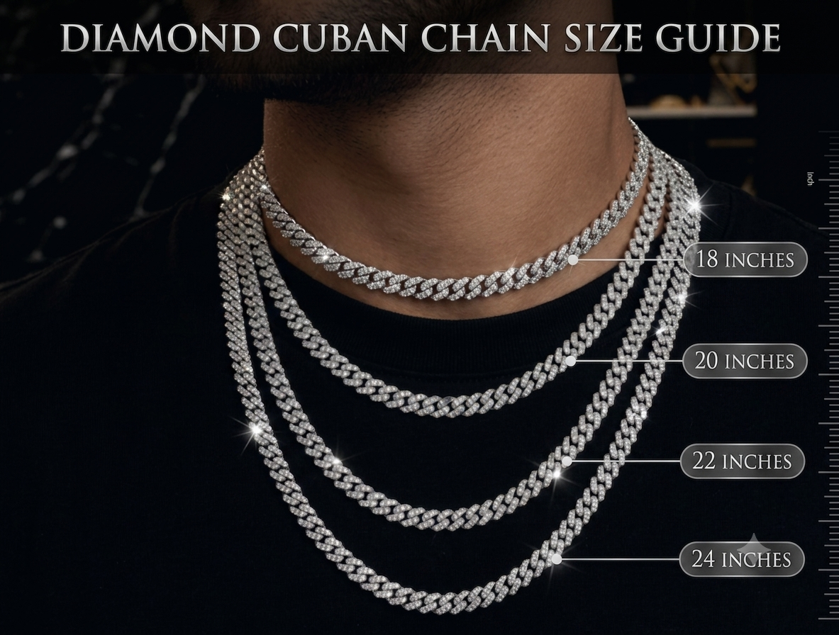 Model wearing Cuban link chain length guide