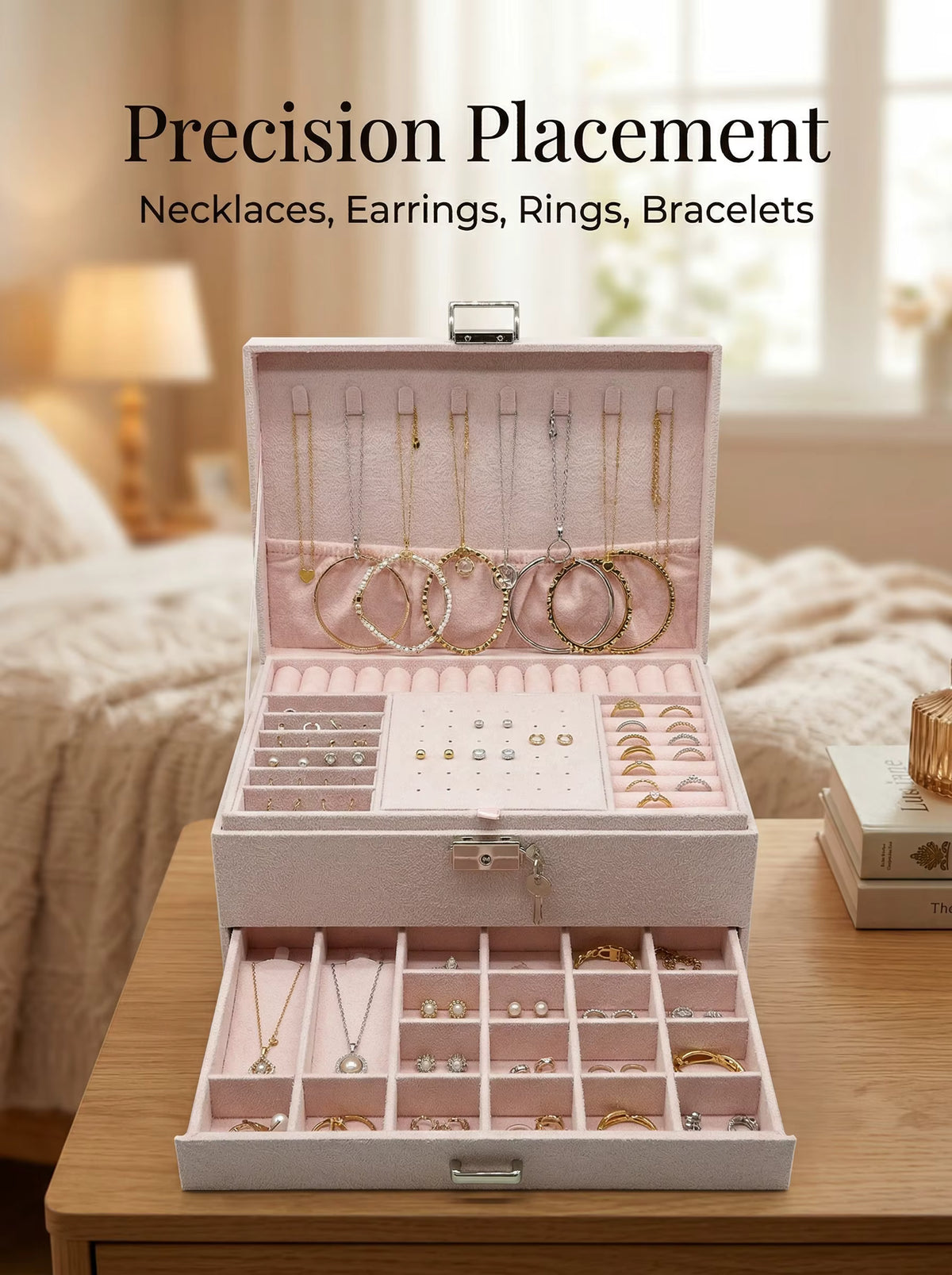 Jewelry organized inside The Muse Vault lockable velvet jewelry box